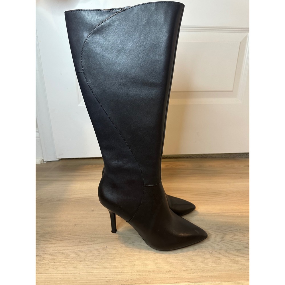 Nine West NWFAME Black Leather Wide‎ Calf Pointed Toe Stiletto Tall Boots 8.5